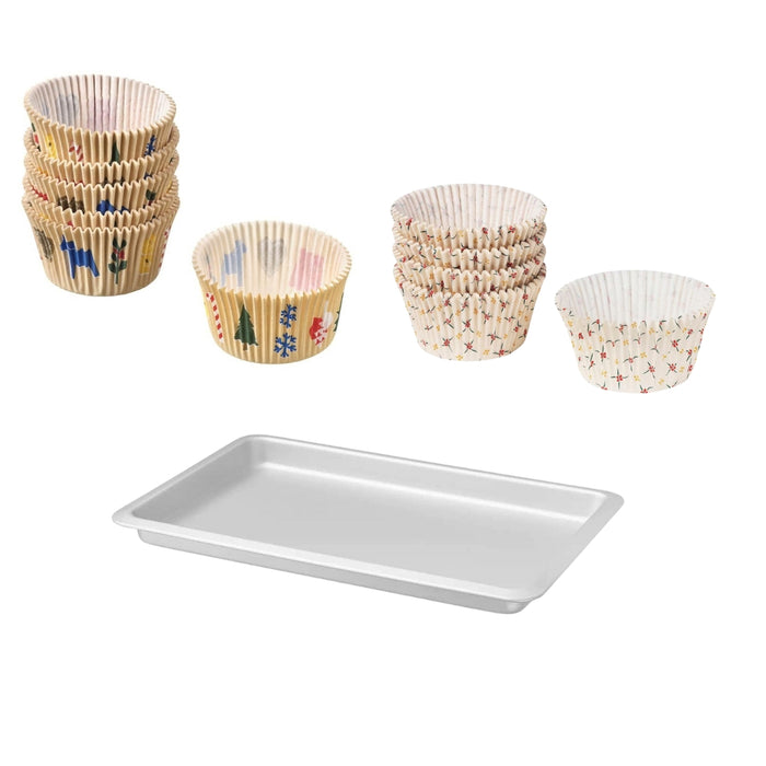 IKEA VARDAGEN/VINTERFINT Baking tin, silver-colour, 38x26 cm/2.0 l with Baking cup, Christmas pattern multicolour and Baking cup, floral pattern beige 65 PACK