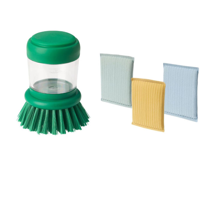 IKEA PEPPRIG Scrubbing pad, green blue/yellow with Dish-washing brush with dispenser, bright green