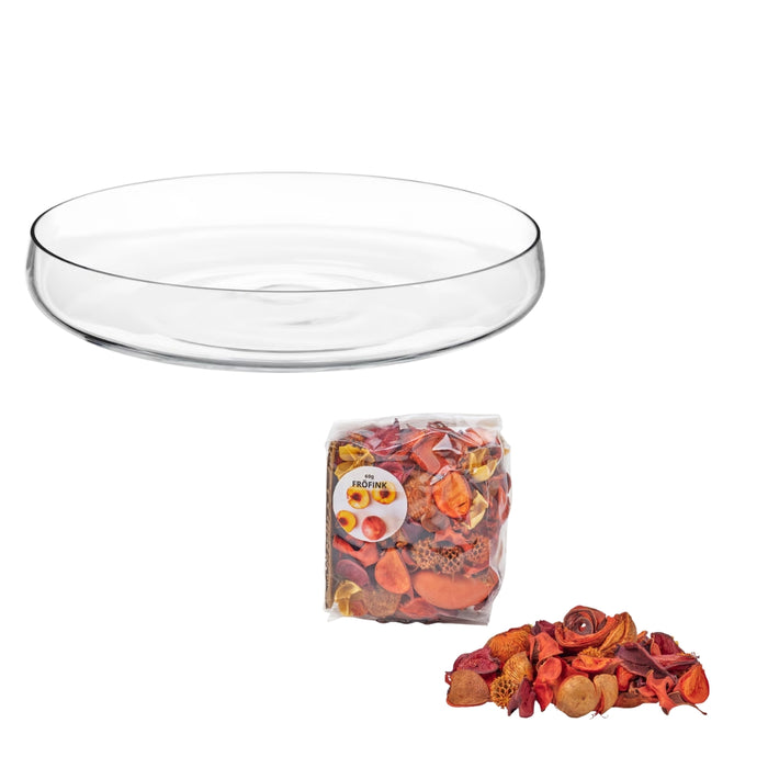 IKEA BERÄKNA Bowl, clear glass, 26 cm with FRÖFINK Scented potpourri, Peach orange, 60 g