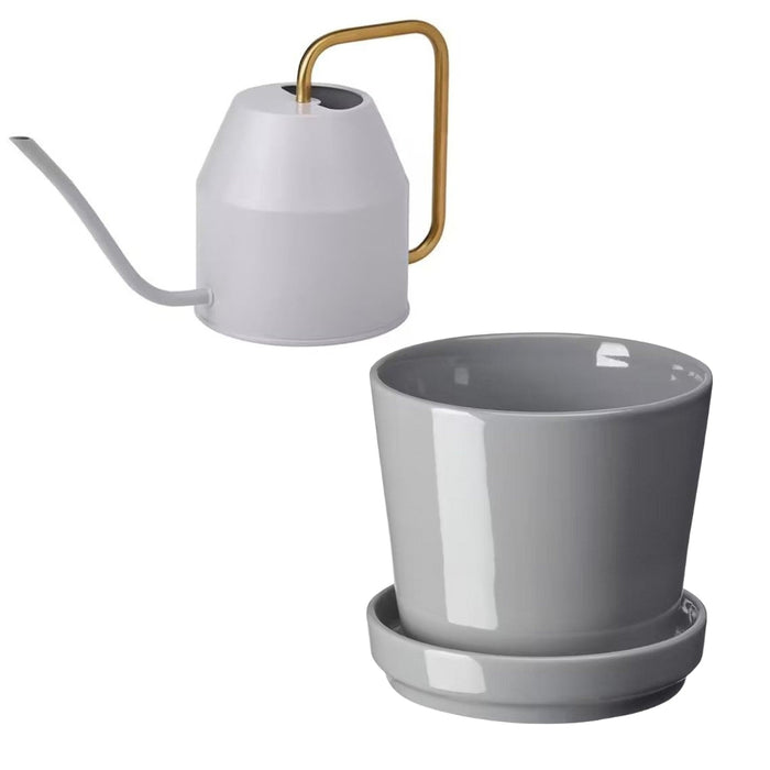 IKEA VATTENKRASSE Watering can, light grey/gold-colour, 0.9 l with CITRUSFRUKT Plant pot with saucer, in/outdoor grey9 cm