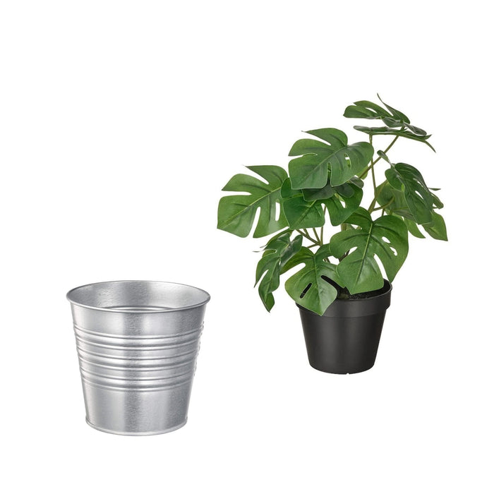 IKEA Artificial potted plant, in/outdoor Monstera, 12 cm with Plant pot, in/outdoor/galvanised, 12 cm