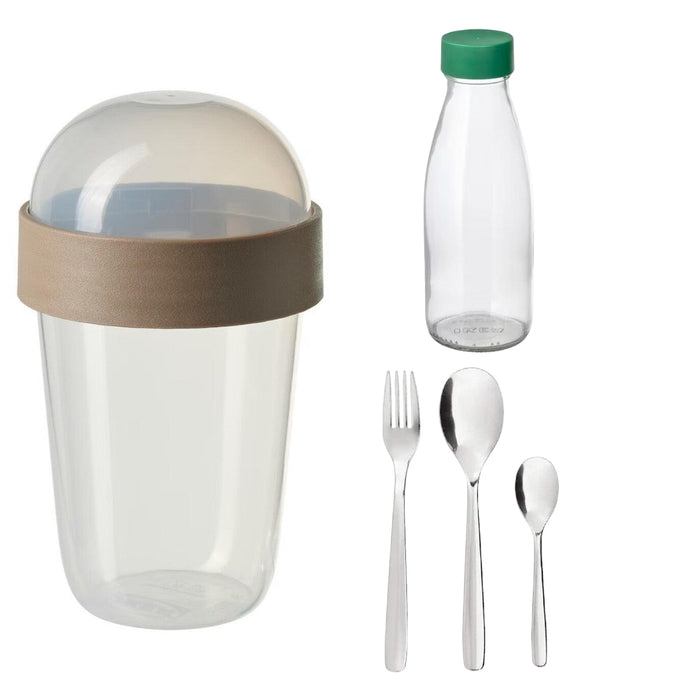 IKEA SPLITTERNY Snack container, grey/Brown, 300 ml with SPARTANSK Water bottle, clear glass/green, 0.5 l and MOPSIG Cutlery Spoon Fork Set -12 Pieces