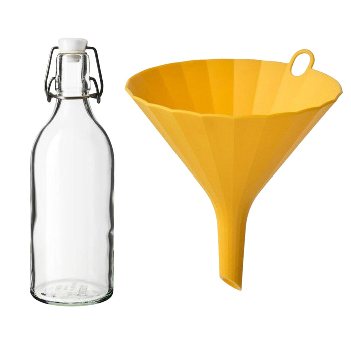 IKEA UPPFYLLD Funnel, 13 cm, bright yellow with KORKEN Bottle with stopper, clear glass0.5 l