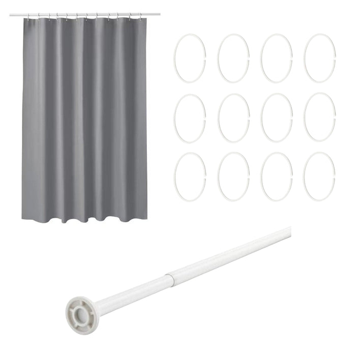 IKEA HASSJON shower curtain ring 12pack with  LUDDHAGTORN Shower curtain, grey, 180x200 cm  and BOTAREN Shower curtain rod, white, 70-120 cm