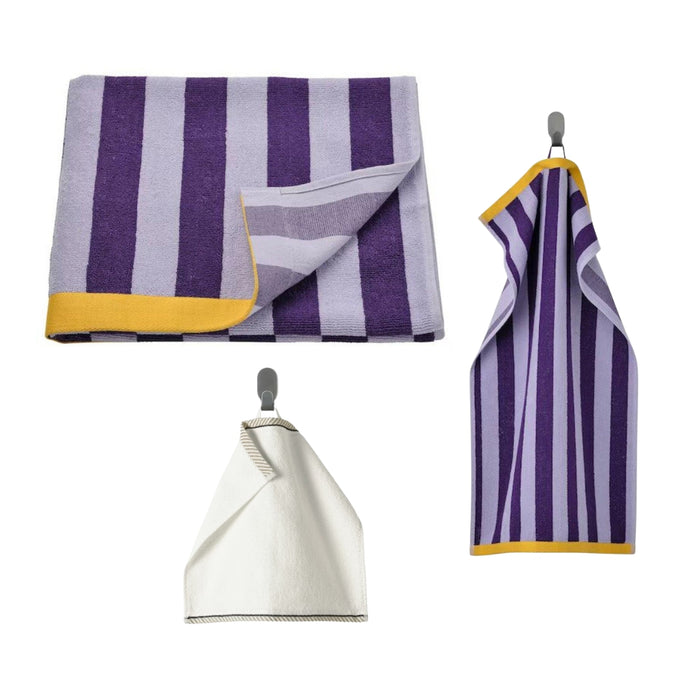 IKEA ENSKOTTMAL/VIKFJÄRD Bath towel, lilac/striped, 70x140 cm with Hand towel, lilac/striped, 40x70 cm and Washcloth, white30x30 cm