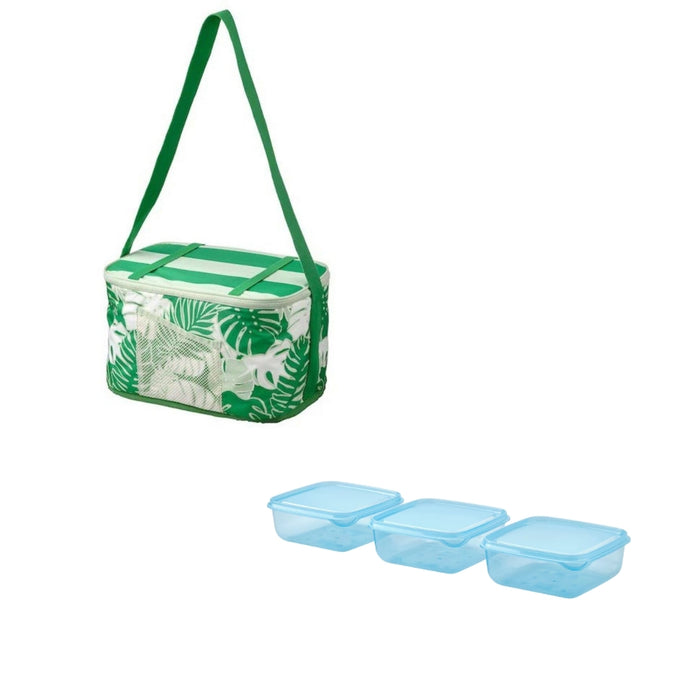 IKEA SOMMARFLOX Cooling bag, patterned/bright green, 38x26x22 cm with IKEA PRUTA Food container with lid, blue, 0.6 l
