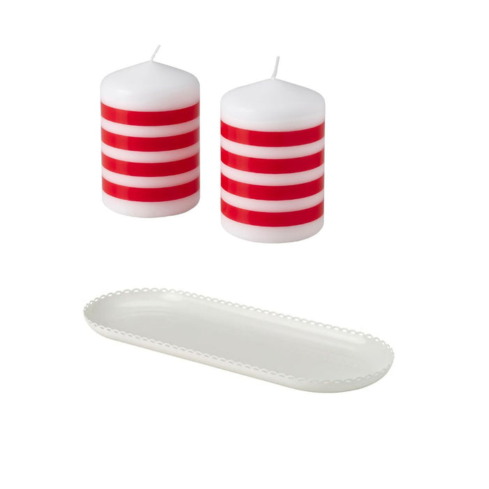 IKEA Unscented pillar candle - stripe pattern red/white 10 cm with Candle dish, off-white, 45x17 cm