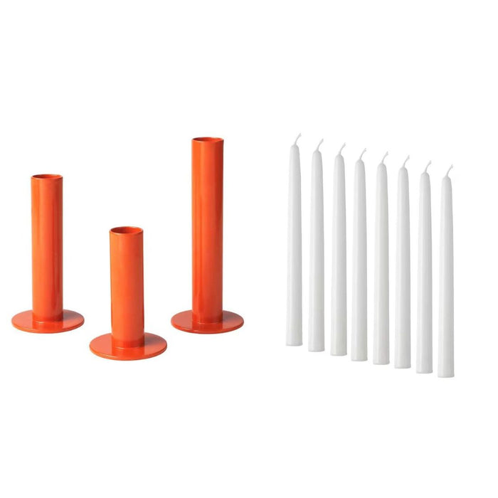 IKEA TUVKORNELL Candle holder, set of 3, orange with  8 pack of Unscented candle, white, 25 cm