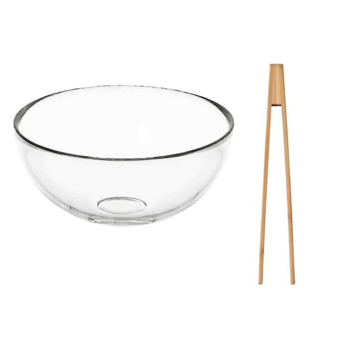 IKEA  BLANDA Serving bowl, clear glass 12 cm with OSTBIT Serving tong, bamboo