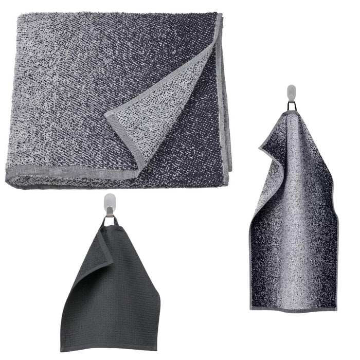 IKEA NYCKELN/ SALVIKEN Bath Towel, White/Dark Blue, 70x140 cm with Hand towel, white/dark blue, 40x70 cm and Washcloth, anthracite 30x30 cm