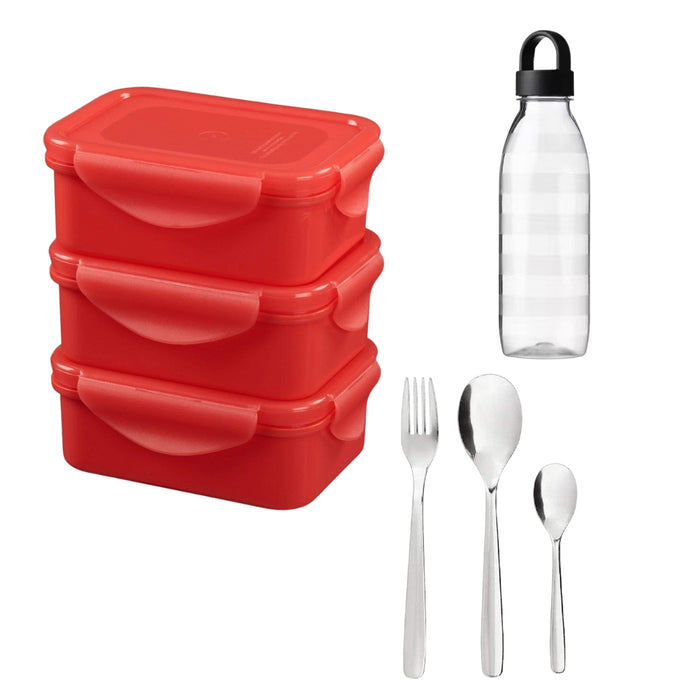 IKEA FULLASTAD Lunch box, red, 13x10x5 cm (5x4x2 ")  3 Pack with  365+ Water bottle, striped/dark grey, 0.7 l (24 oz) and  MOPSIG12-piece cutlery set