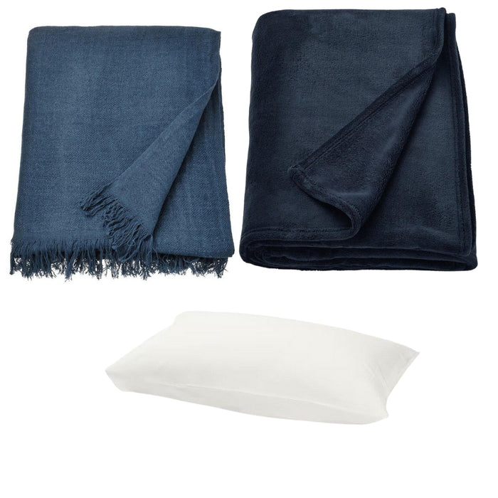 IKEA DYTÅG Throw, dark blue, 130x170 cm with TRATTVIVA Bedspread, black-blue, 150x250 cm and  FÄRGMÅRA Pillowcase, white50x80 cm