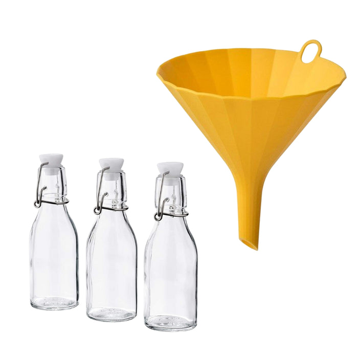 IKEA UPPFYLLD Funnel, 13 cm, bright yellow with KORKEN Bottle with stopper, clear glass15 cl