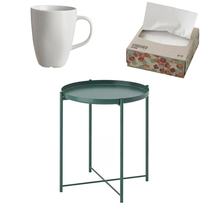 IKEA Tray table, dark grey-green, 45x53 cm with  Paper napkin, white, (100 pack) & Mug, white, 30 cl