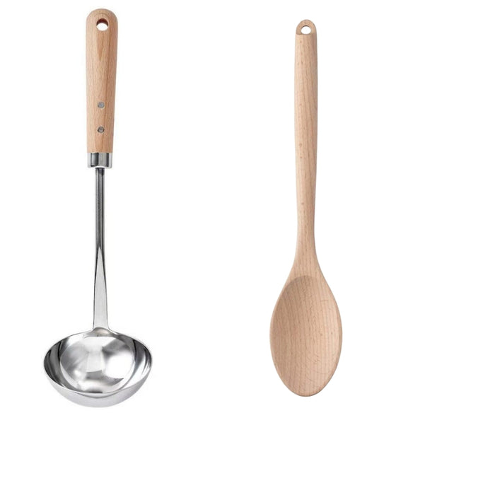 IKEA VARDAGEN Ladle, stainless steel/beech, 33 cm with RORT Spoon, round/beech