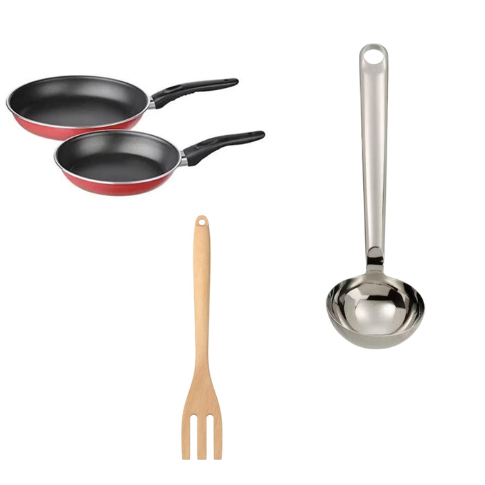 IKEA  RÖRT Fork, beech with FINMAT Soup ladle, stainless steel, 31 cm and  KAVALKAD Frying pan, set of 2, red,
