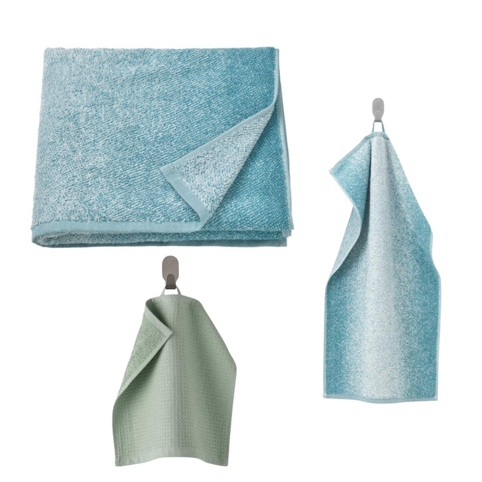 IKEA NYCKELN/ SALVIKEN Bath towel, white/turquoise, 70x140 cm with Hand towel, white/turquoise, 40x70 cm and Washcloth, light green, 30x30 cm