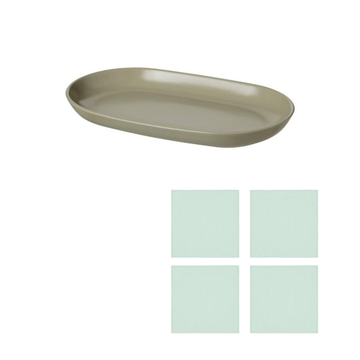 IKEA FÄRGKLAR Serving Plate — Matt Green, 36x22 cm | Stoneware, Microwave & Dishwasher Safe with IKEA SVARTSENAP Napkin, light turquoise, 35x35 cm (14x14 ") ( 4 pack )