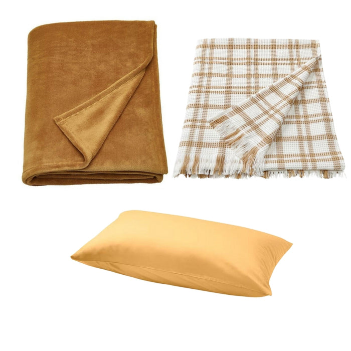 IKEA SIKELVINGE Throw, white dark beige/check, 130x170 cm with TRATTVIVA Bedspread, yellow-brown, 150x250 cm and NATTJASMIN Pillowcase, yellow, 50x80 cm