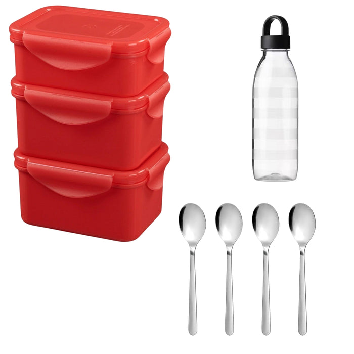 IKEA FULLASTAD Lunch Box, Set of 3, Red with 365+ Water bottle, striped/dark grey, 0.7 l and FÖRNUFT Spoon, stainless steel, 19cm