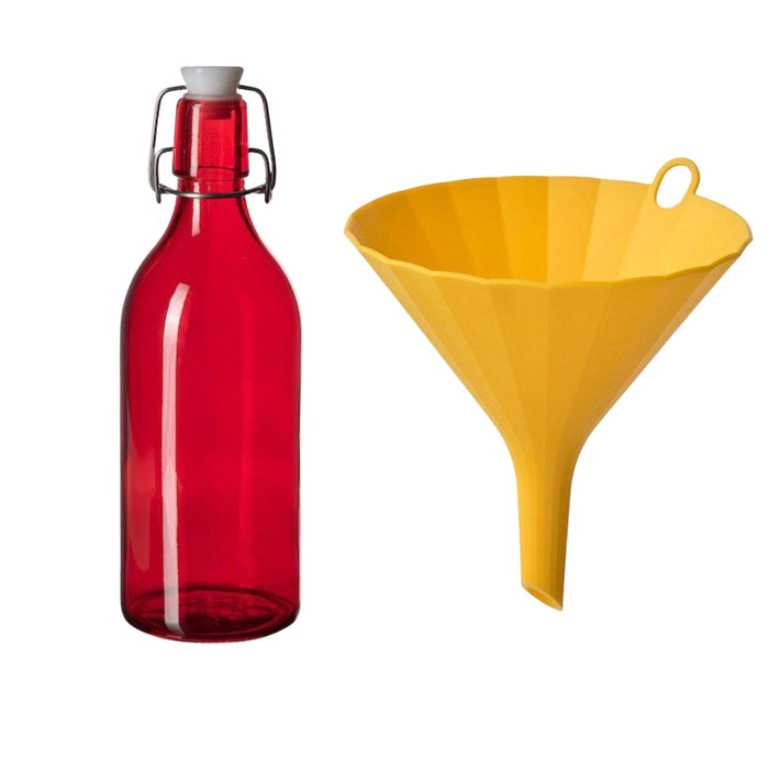 IKEA UPPFYLLD Funnel, 13 cm, bright yellow with VINTERFINT Bottle with stopper, glass red, 0.5 l (17 oz)