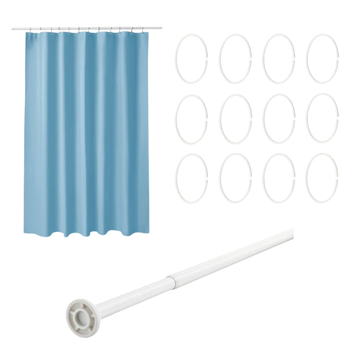 IKEA HASSJON shower curtain ring 12pack with LUDDHAGTORN Shower curtain, blue, 180x200 cm and BOTAREN Shower curtain rod, white, 70-120 cm