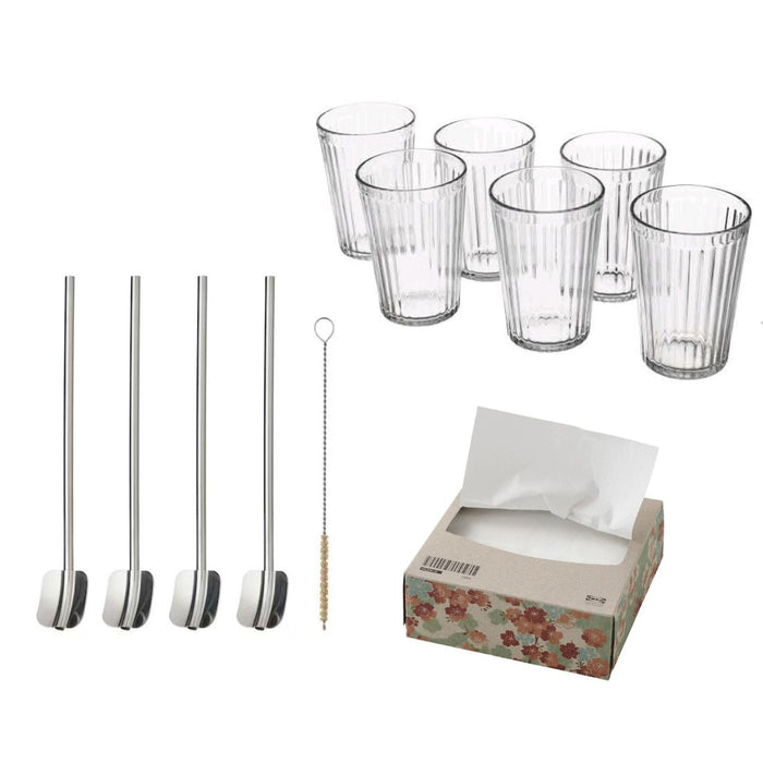 IKEA Clear Glass Set – Glass 20 cl with 5-Piece Stainless Steel Drinking Straw & Spoon Set (with Cleaning Brush) and Paper Napkins, White, 16×32 cm