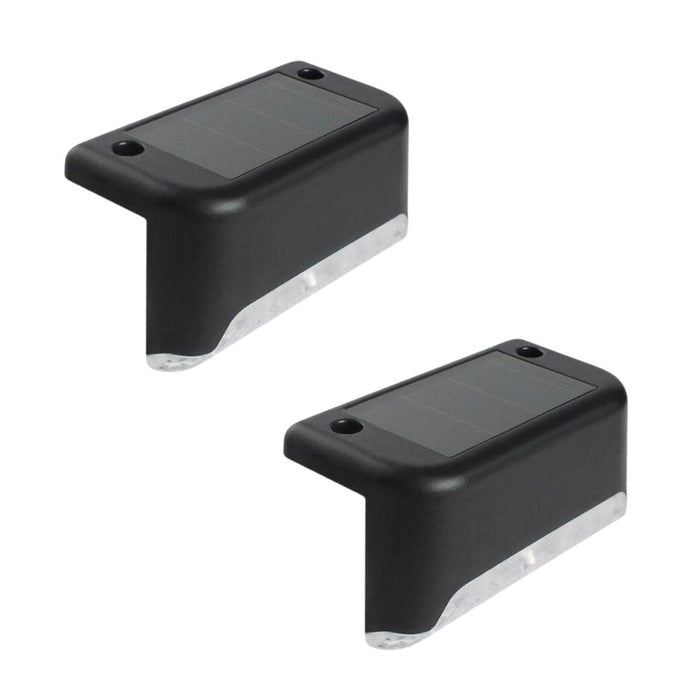 "Set of two waterproof LED solar fence lamps with top-mounted solar panels and downward-facing lights. Designed for outdoor use on patios, stairs, garden pathways, and yards, providing energy-efficient illumination and enhanced safety-15984486954601239016
