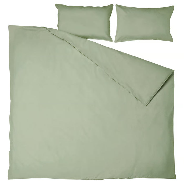 IKEA ÄNGSLILJA grey-green duvet cover and pillowcases folded, minimalist bedding display