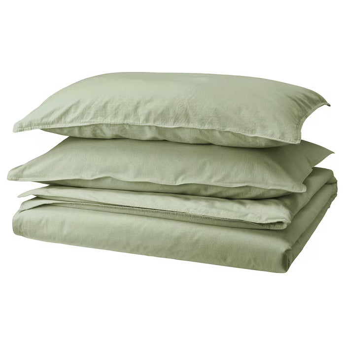 IKEA ÄNGSLILJA grey-green duvet cover and 2 pillowcases, soft pre-washed cotton bedding set #205.851.66