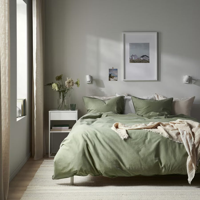 Bedroom styled with IKEA ÄNGSLILJA grey-green duvet cover, cosy earthy tone bedding