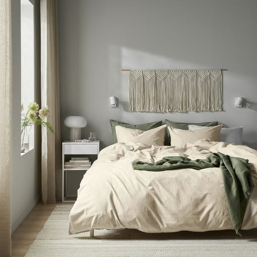IKEA ÄNGSLILJA natural bedding set styled in a minimalist bedroom with wooden floor