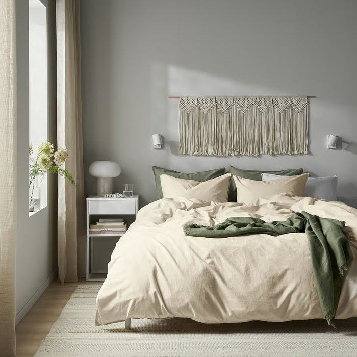 IKEA ÄNGSLILJA natural bedding set styled in a minimalist bedroom with wooden floor