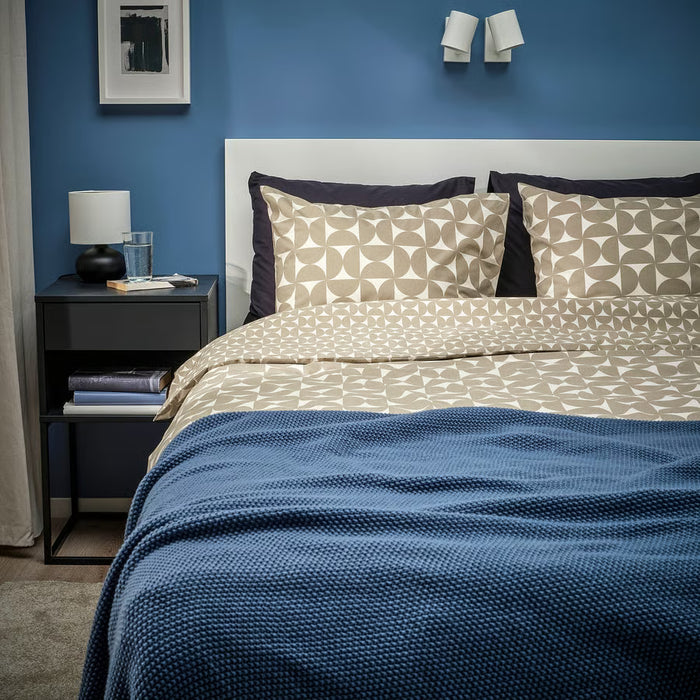 IKEA ÄNGSNEJLIKA duvet cover styled on bed in modern grey-beige bedroom setting