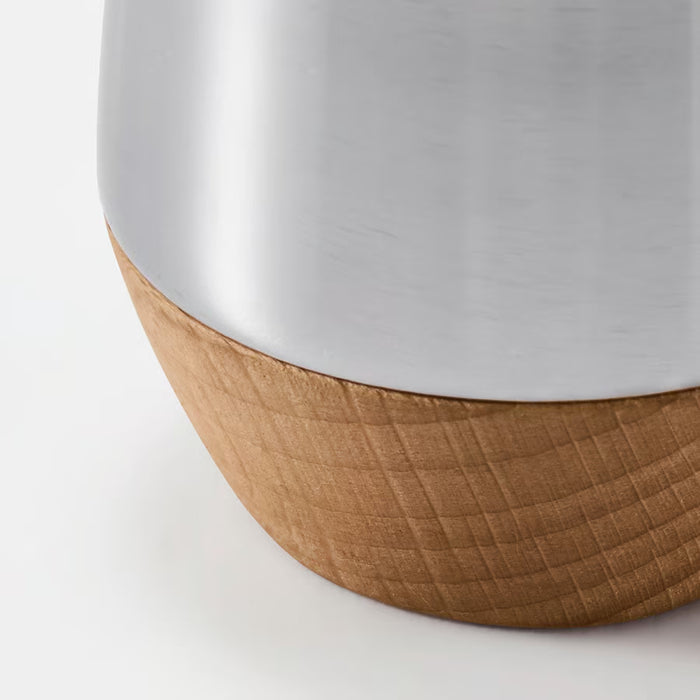  IKEA AFTONHAJ salt and pepper shakers on wooden dining table reflecting light matte gloss finish