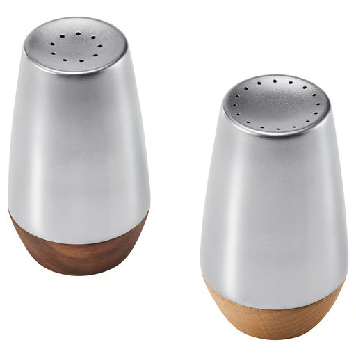 IKEA AFTONHAJ salt and pepper shaker set of 2 stainless steel beech walnut base front view #20623743