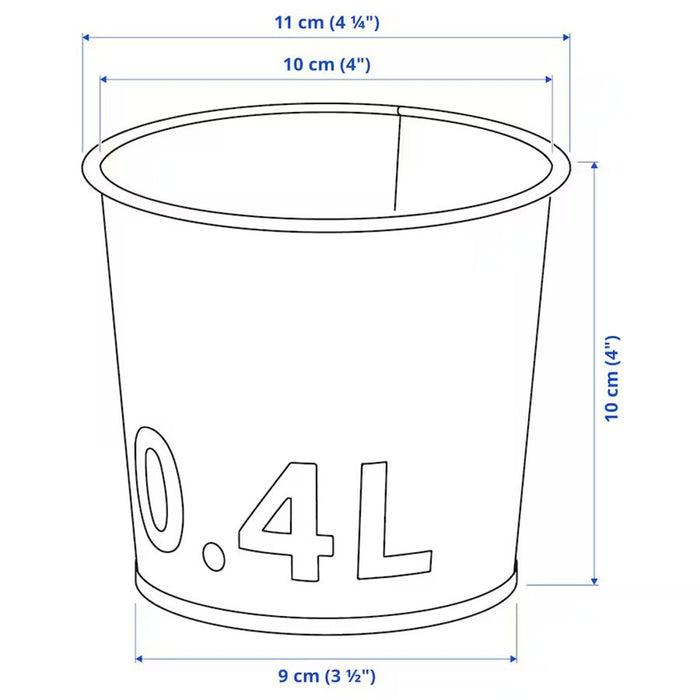 Sketch of IKEA ÅKERBÄR galvanized plant pot showing dimensions: 10 cm height, 10 cm inside diameter, 9 cm max diameter, with detailed embossing and stackable design