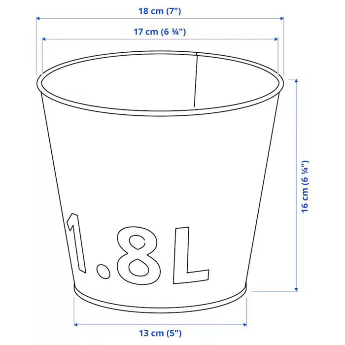 "Sketch of IKEA ÅKERBÄR galvanized plant pot showing dimensions: height 16 cm, inside diameter 17 cm, maximum pot diameter 15 cm, and outside diameter 18 cm, with a stackable design"