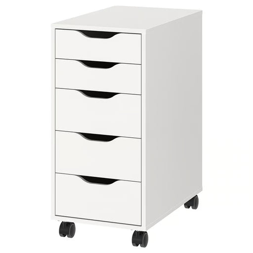 White IKEA ALEX five-drawer unit on black castors showing full assembled height