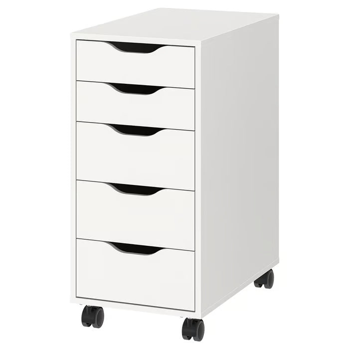 White IKEA ALEX five-drawer unit on black castors showing full assembled height