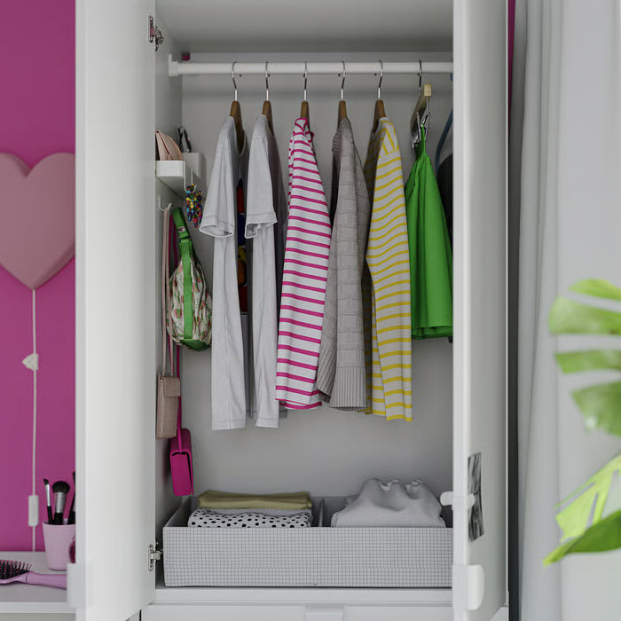 IKEA ALTARLIDEN white hook rack inside open wardrobe with wall-mounted container and shelf