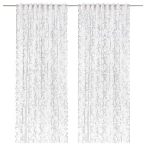 IKEA ALVINE SPETS white lace net curtains pair 145x155 cm, sheer floral pattern, scalloped edges #90637143