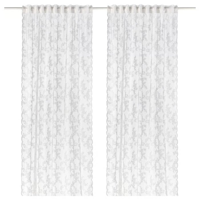 IKEA ALVINE SPETS white lace net curtains pair 145x155 cm, sheer floral pattern, scalloped edges #90637143
