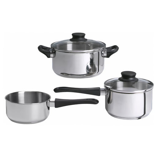 IKEA ANNONS 5-piece stainless steel cookware set with glass lids on white background #30207400