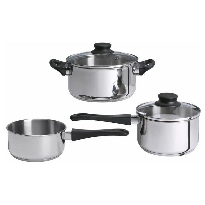 IKEA ANNONS 5-piece stainless steel cookware set with glass lids on white background #30207400