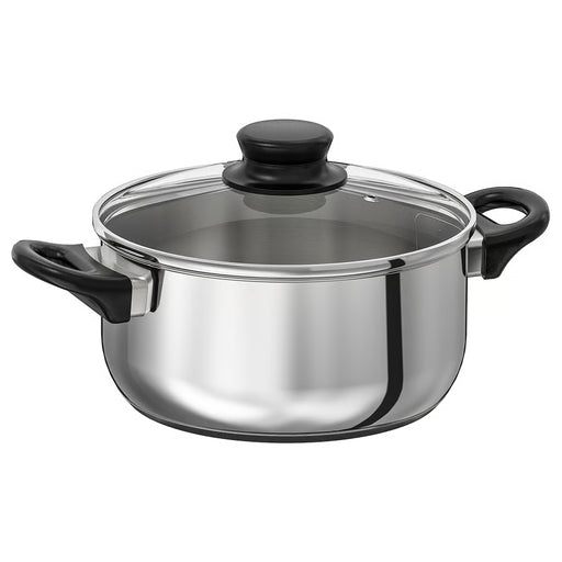  IKEA ANNONS stainless steel pot with glass lid silver 2.8L with black handles induction compatible #50298475