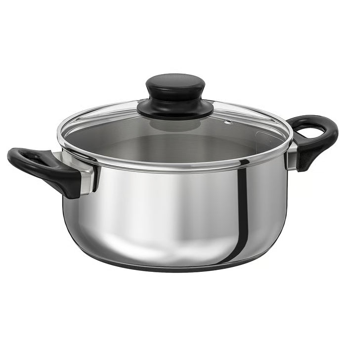  IKEA ANNONS stainless steel pot with glass lid silver 2.8L with black handles induction compatible #50298475