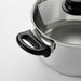 Close-up of IKEA ANNONS stainless steel pot polished surface and black handle detail