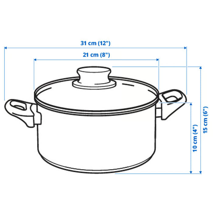  IKEA ANNONS pot measurement illustration showing height diameter and handle length dimensions