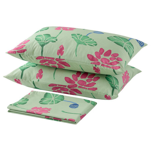 Eco-friendly AROMATISK flat sheet and pillowcases set with a modern floral pattern in green and pink-00588986